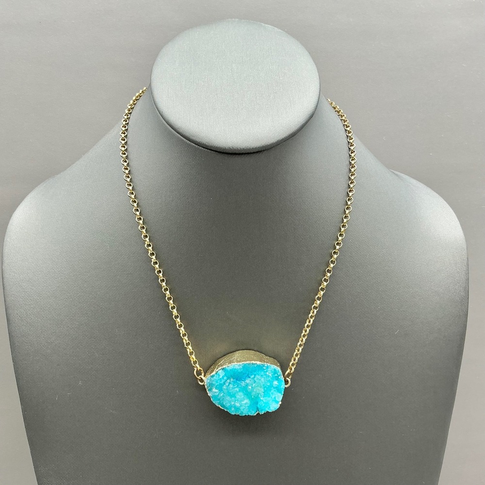 Druzy Stone Pendant Necklace Womens Blue Gold Tone Chain Fashion Jewelry 16"
